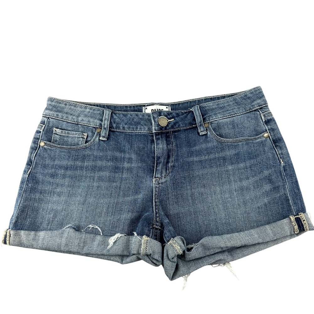 Paige Womens Denim Shorts Size 28 Medium Wash Cuffed Raw Hem Blue Distressed
